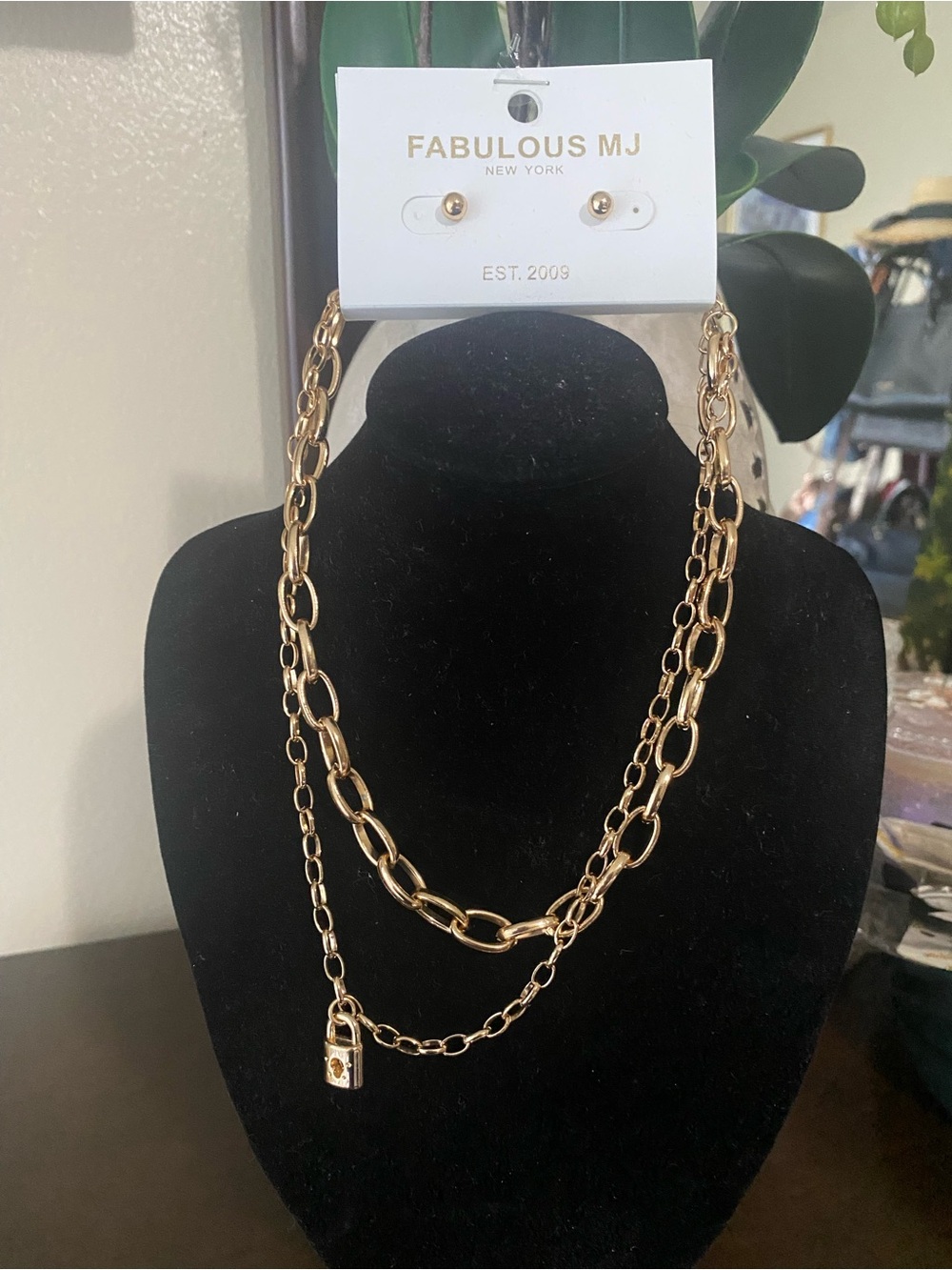Gold-Tone Layered Chain Necklace with Padlock Charm